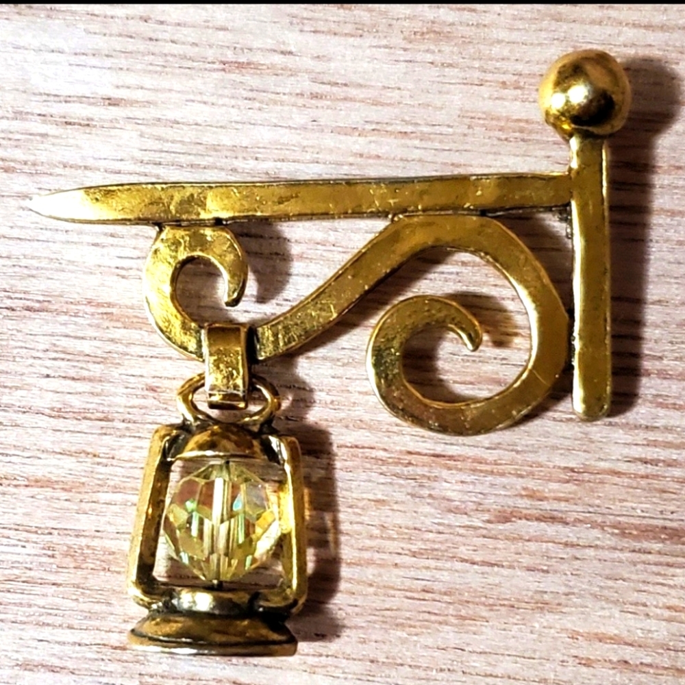 Vintage Zentall Signed Gold Tone AB Crystal Lantern Brooch